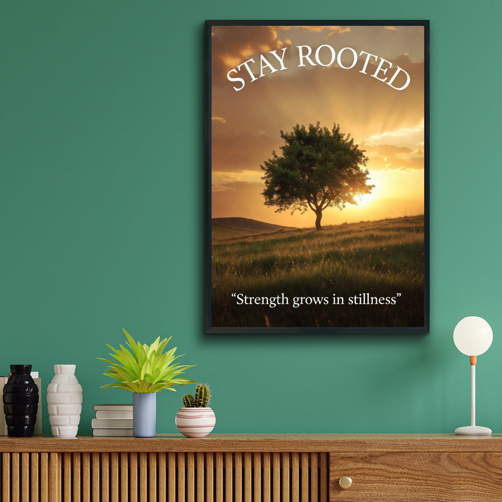 Stay Rooted Inspirational Tree Poster, Strength Quote Wall Art, Sunset Nature Print