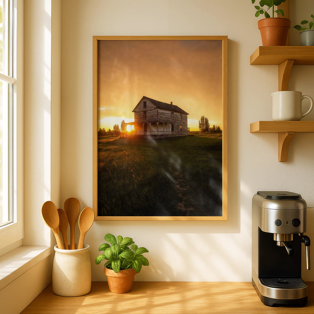 Old Farmhouse Sunset Poster, Rustic Country House Wall Art, Golden Sky Rural Print