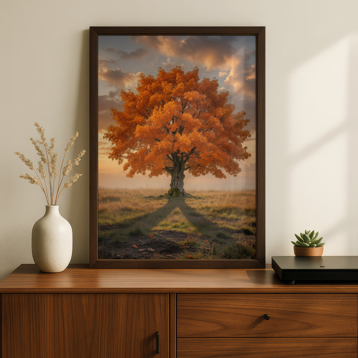 Fall Tree Poster, Autumn Orange Foliage Wall Art, Lone Tree Sunset Nature Print, Living Room Decor
