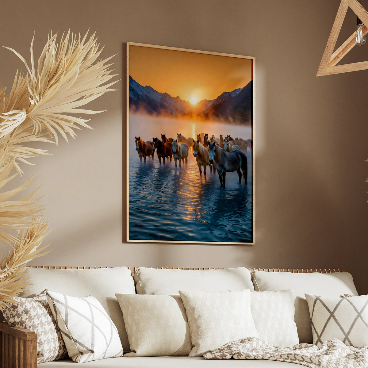 Wild Horses Sunset Mountain Lake Poster, Herd Horse Wall Art, Golden Sky Print