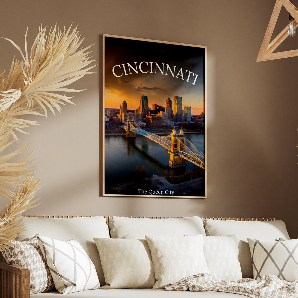 Cincinnati Skyline Poster, Queen City Ohio Wall Art, Roebling Bridge Sunset Print