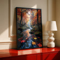 Fall Forest Stream Poster, Autumn Leaves Nature Wall Art, Misty Woodland River Print, Red Orange