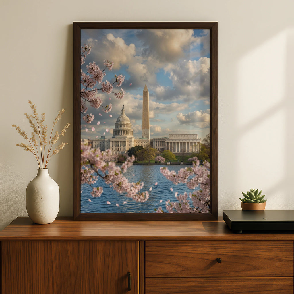 Washington DC Cherry Blossom Poster, Capitol Building Wall Art, Spring Tidal Basin Print