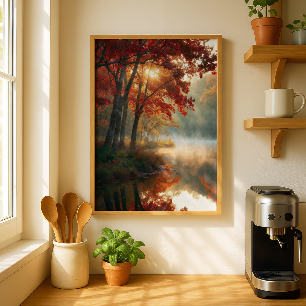 Fall Colors Lake Poster, Autumn Forest Reflection Wall Art, Misty Red Maple Tree Print