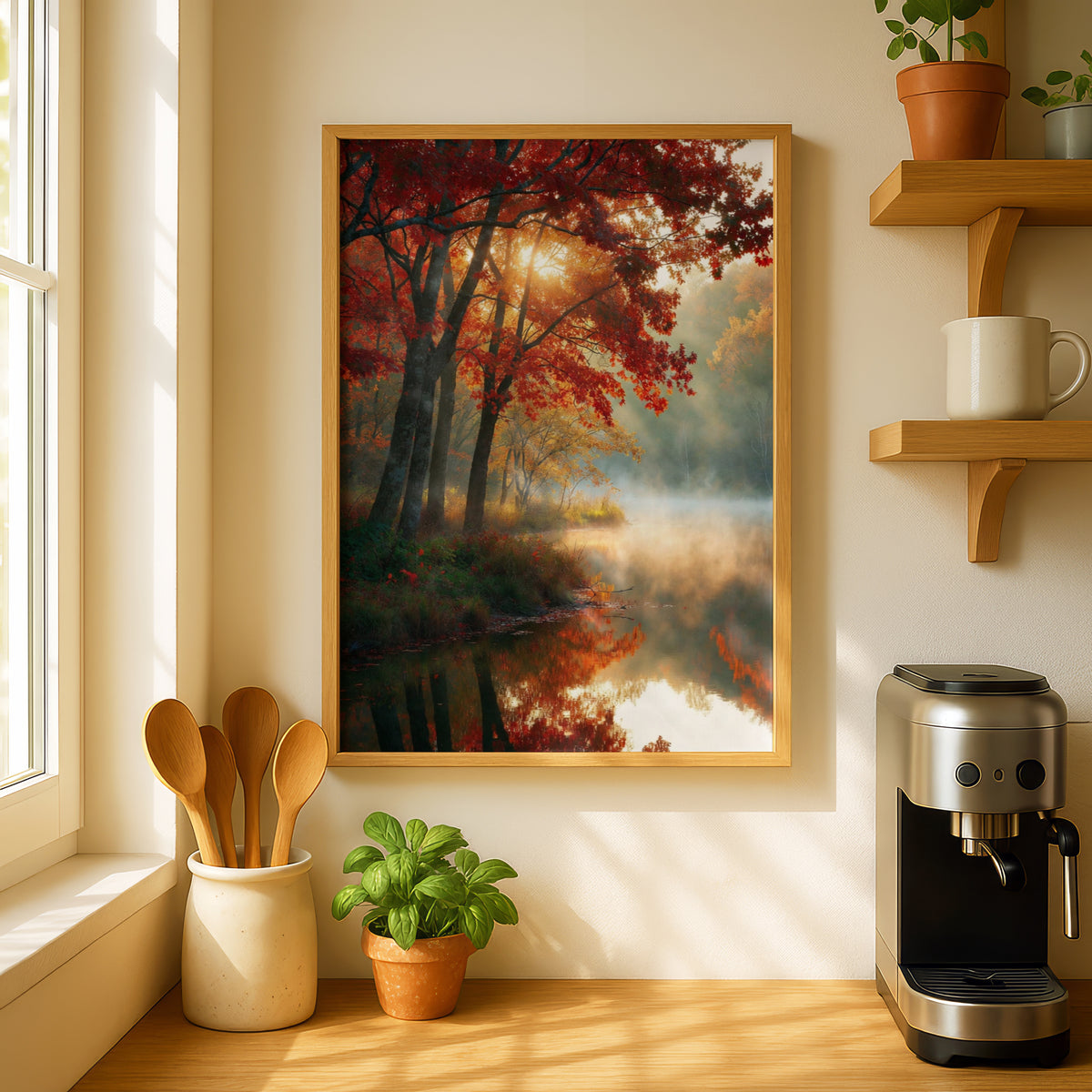 Fall Colors Lake Poster, Autumn Forest Reflection Wall Art, Misty Red Maple Tree Print