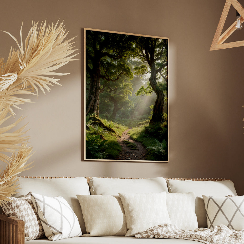 Enchanted Forest Path Poster, Misty Woodland Wall Art, Green Nature Print, Sunlit Trees