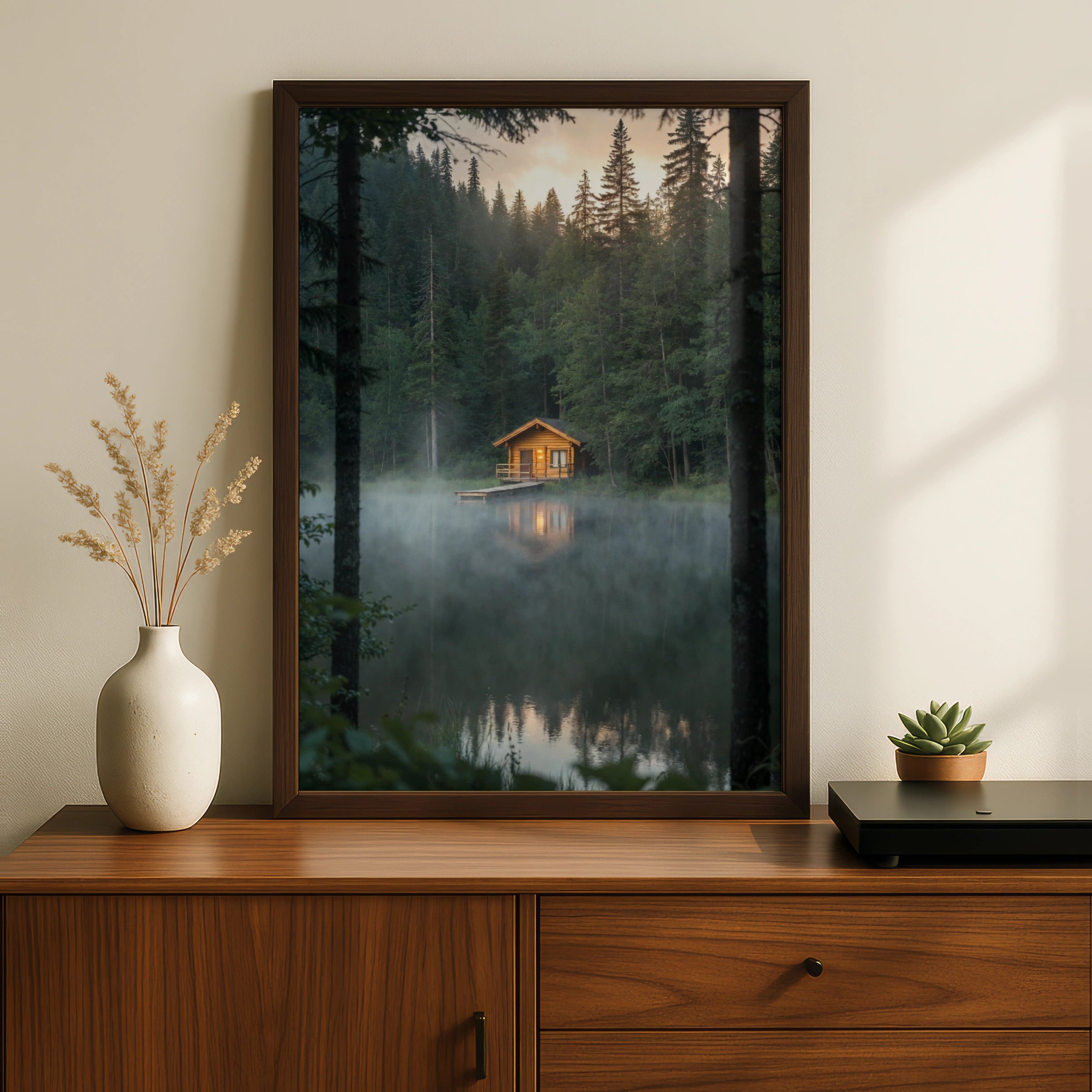 Lake Cabin Poster, Misty Forest Wall Art, Log Cabin Nature Print, Rustic Woodland Decor