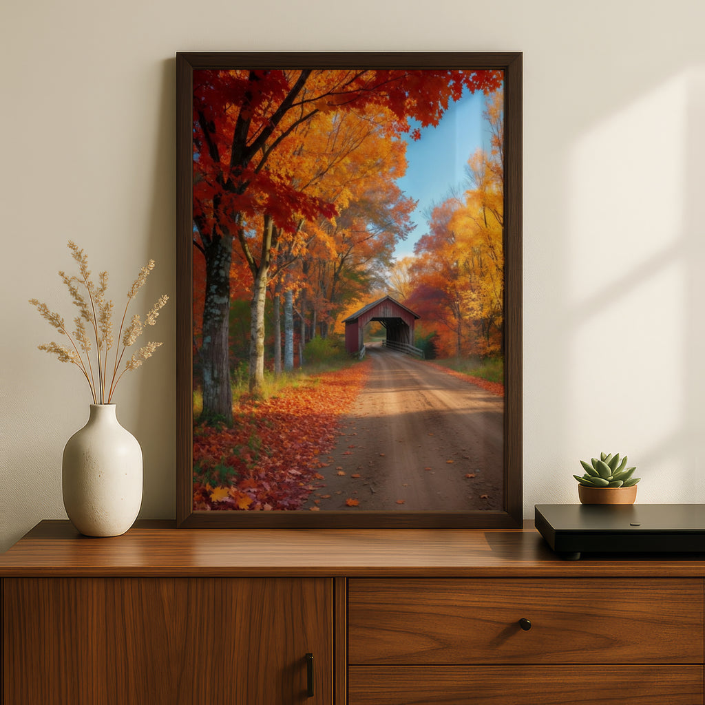 Fall Foliage Covered Bridge Poster, Autumn Country Road Wall Art, New England Nature Print