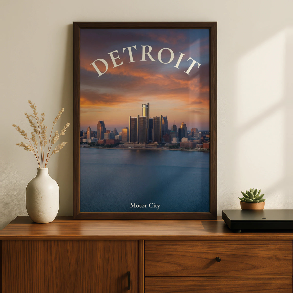 Detroit Skyline Poster, Motor City Wall Art, Michigan City Print, Sunset River View