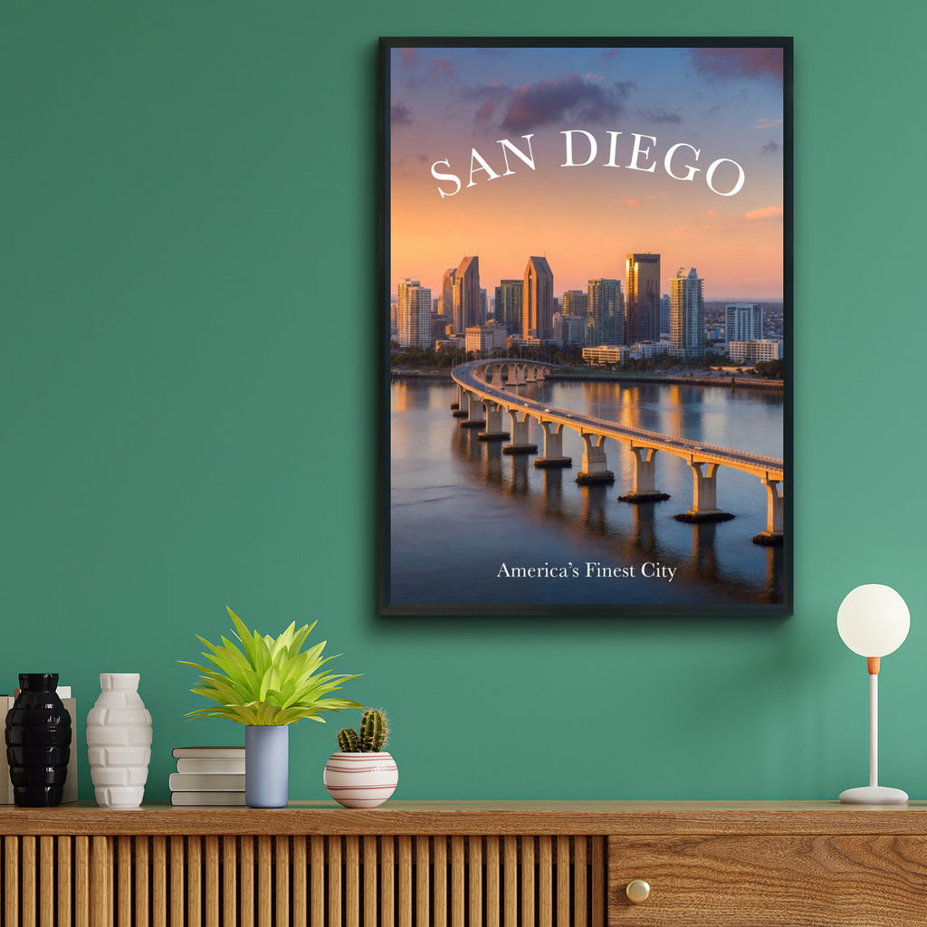 San Diego Skyline Poster, California City Wall Art, Sunset Bay Bridge Print, Travel Decor