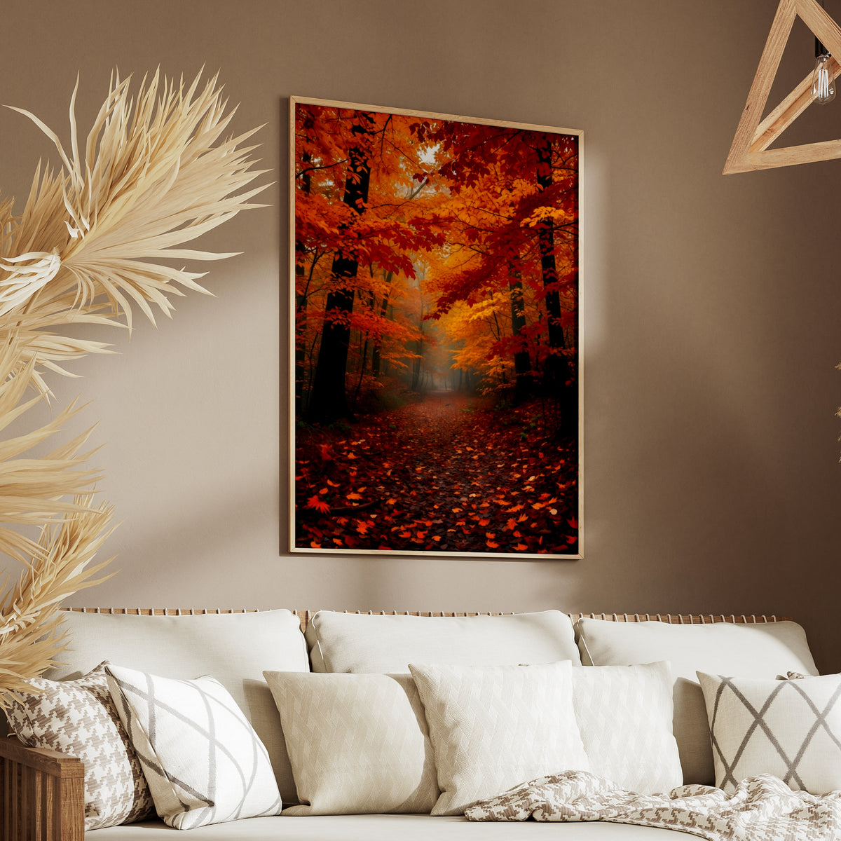 Fall Forest Path Poster, Autumn Foliage Wall Art, Orange Red Leaves Nature Print