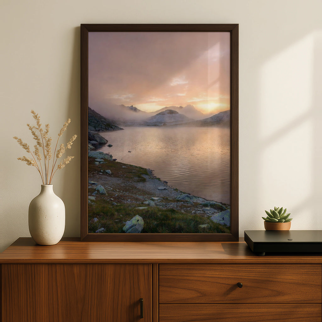 Mountain Lake Sunrise Poster, Misty Alpine Lake Wall Art, Nature Photography Print