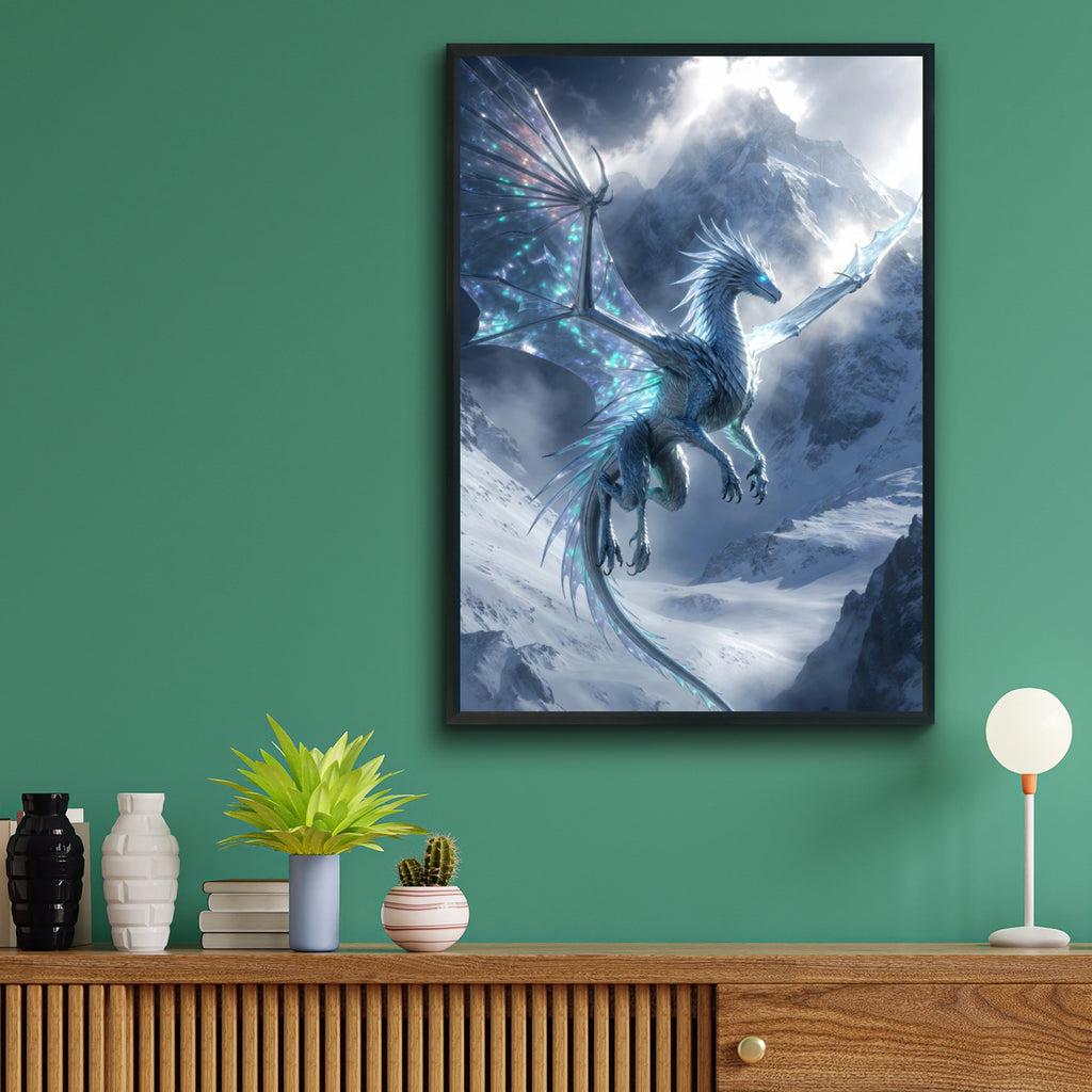 Ice Dragon Poster, Fantasy Dragon Wall Art, Blue Mythical creature, Snowy Mountain Print