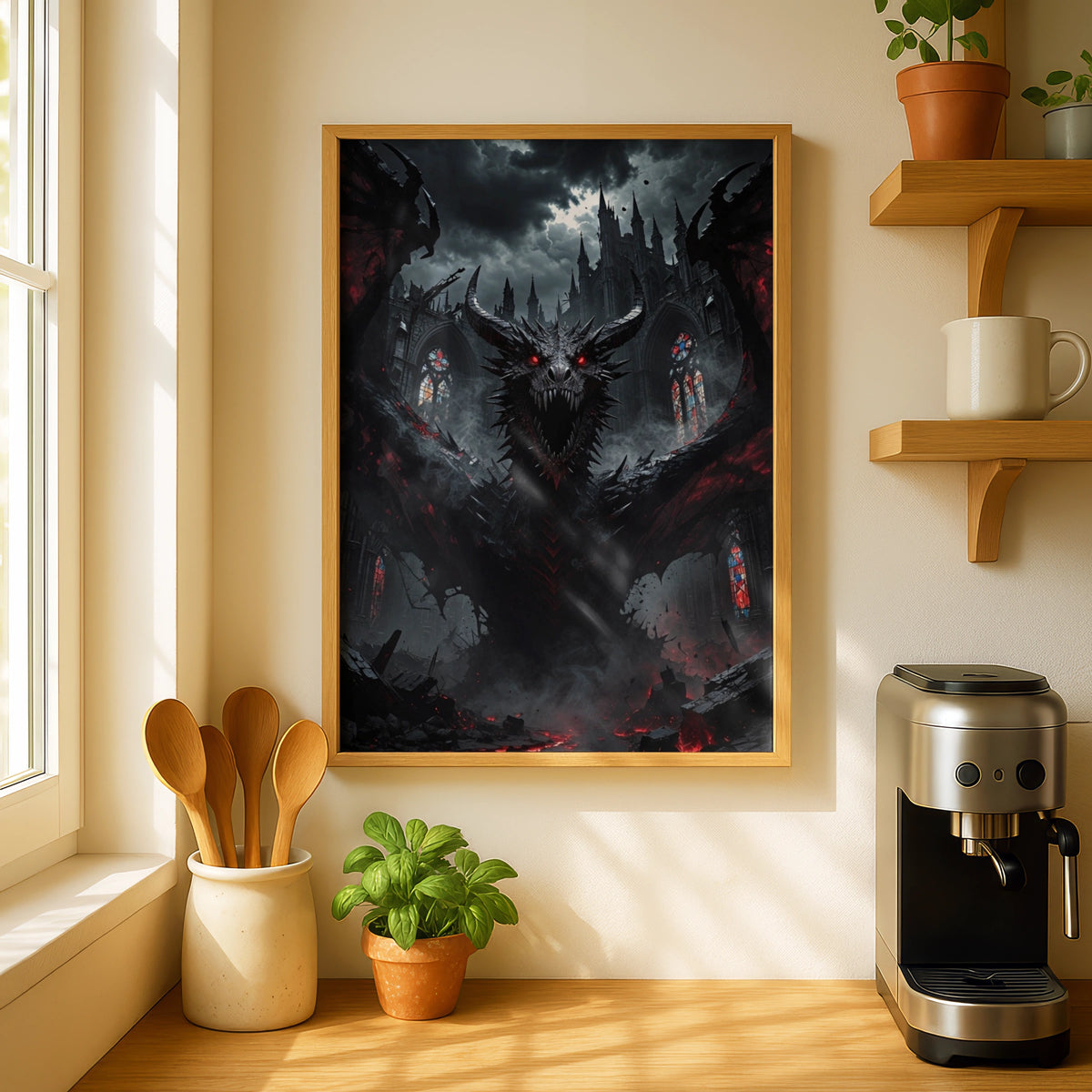Dark Dragon Gothic Cathedral Poster, Red Eyes Fantasy Beast, Dark Fantasy Wall Art Print
