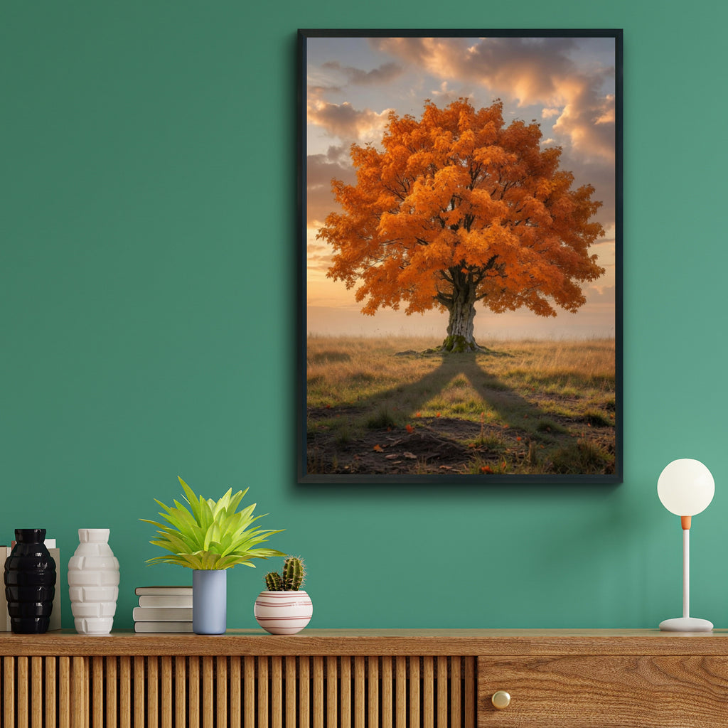 Fall Tree Poster, Autumn Orange Foliage Wall Art, Lone Tree Sunset Nature Print, Living Room Decor