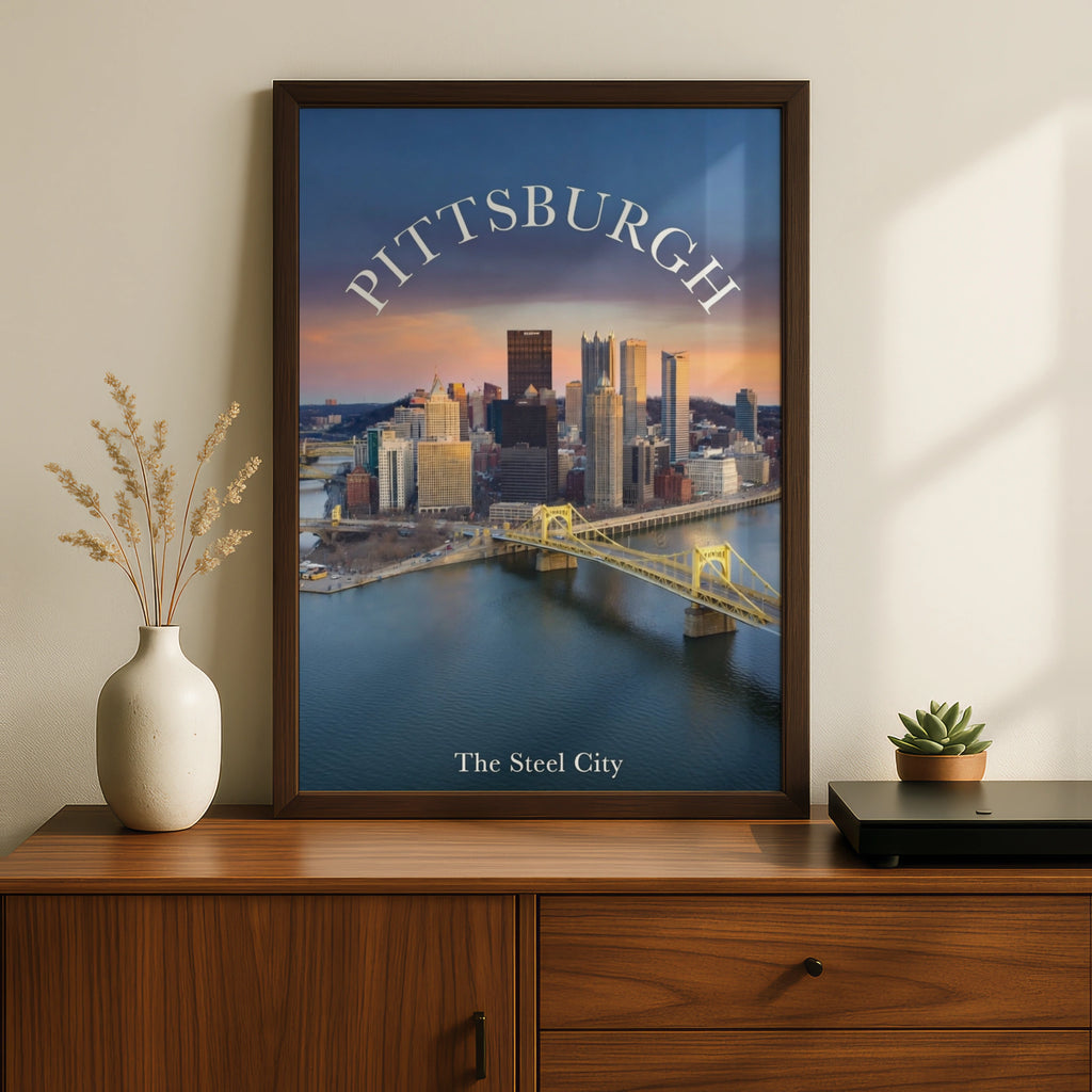 Pittsburgh Skyline Poster, Steel City Wall Art, Yellow Bridge Pennsylvania Print
