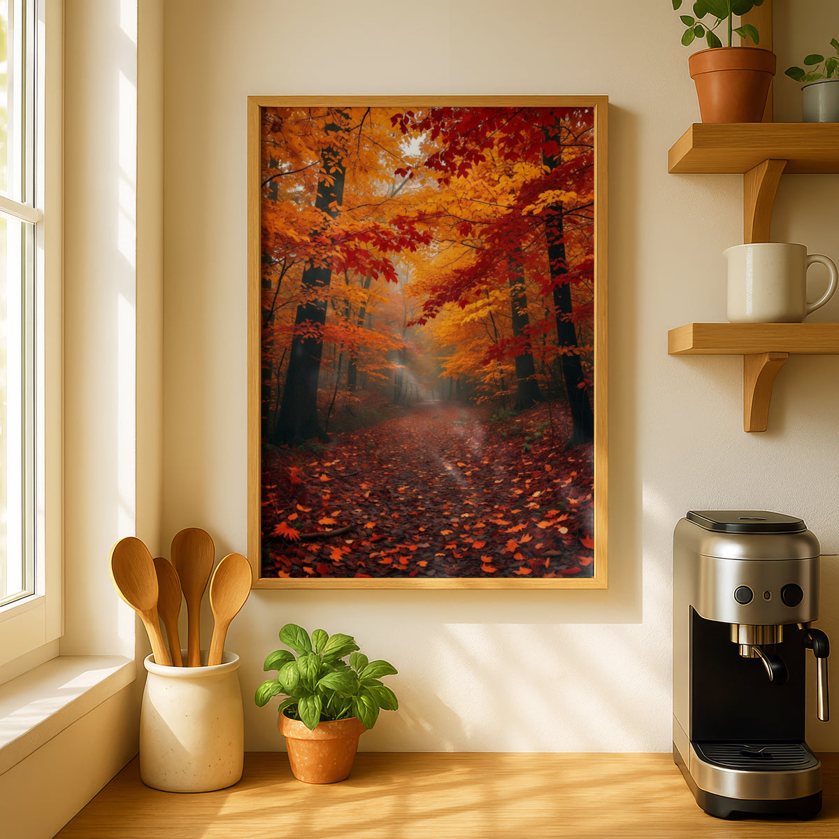 Fall Forest Path Poster, Autumn Foliage Wall Art, Orange Red Leaves Nature Print