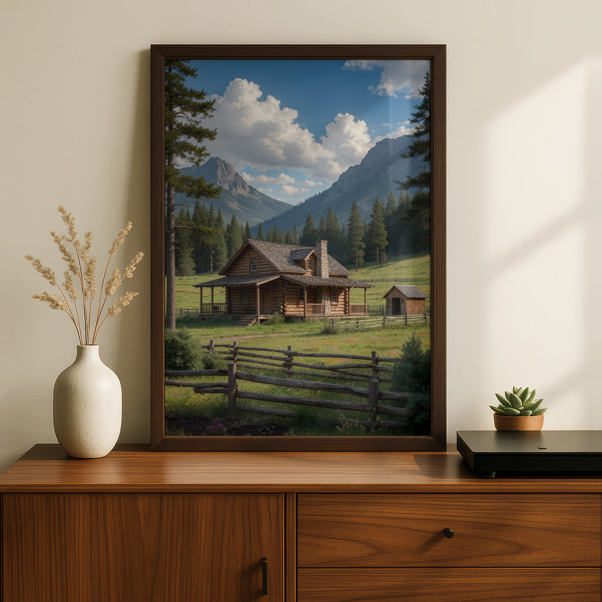Mountain Cabin Poster, Rustic Log Cabin Wall Art, Nature Landscape Print, Wilderness Decor