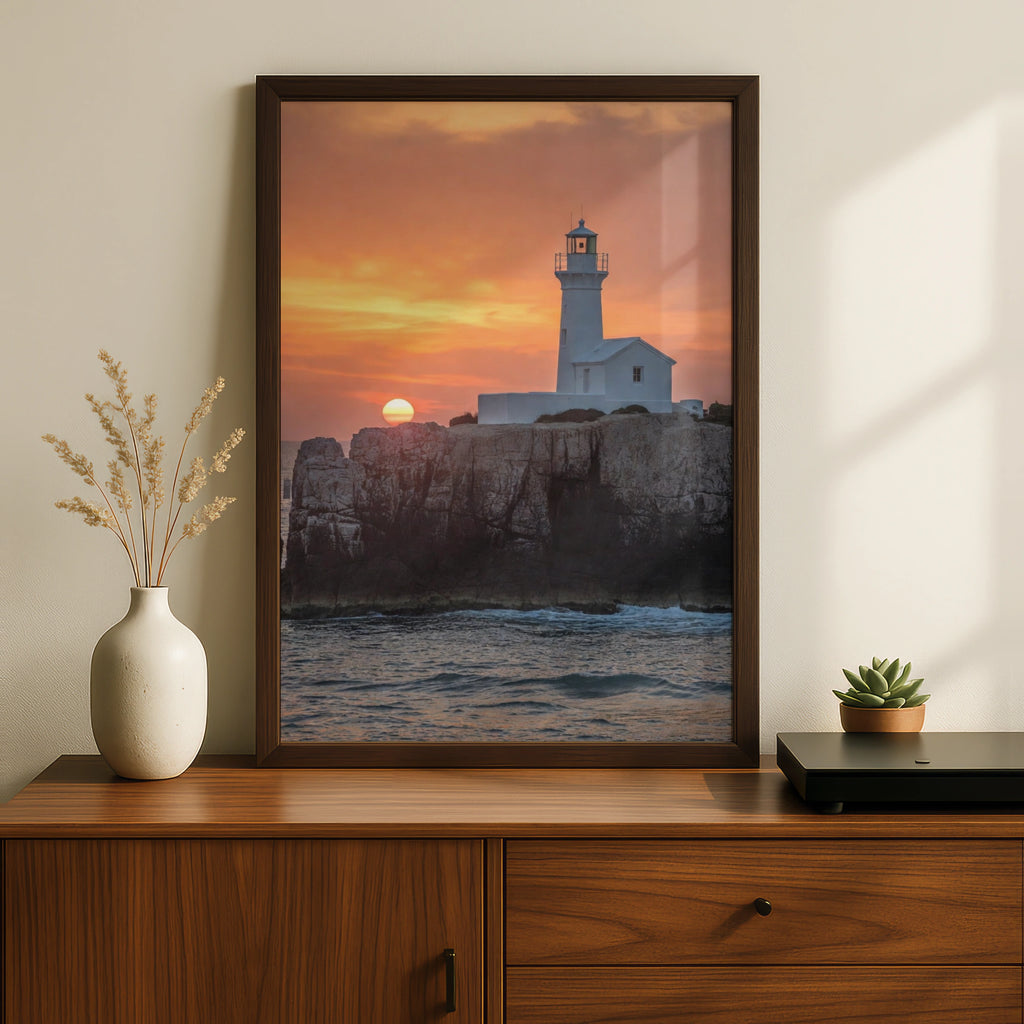 Lighthouse Sunset Poster, Coastal Rocky Cliff Wall Art, Ocean Photography Print