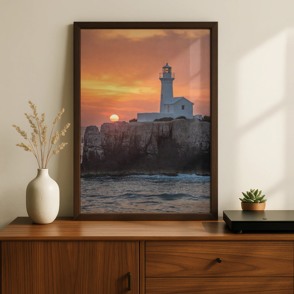 Lighthouse Sunset Poster, Coastal Rocky Cliff Wall Art, Ocean Photography Print