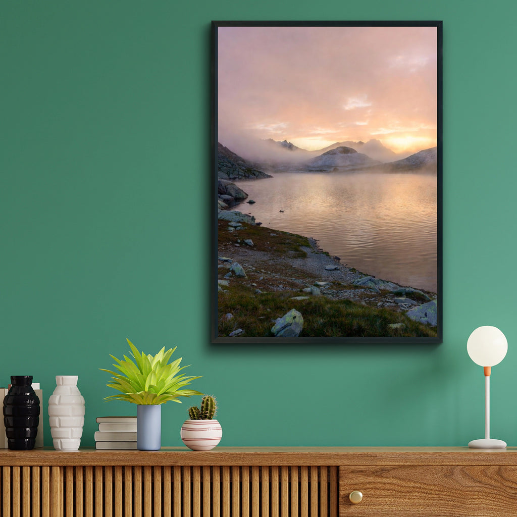 Mountain Lake Sunrise Poster, Misty Alpine Lake Wall Art, Nature Photography Print