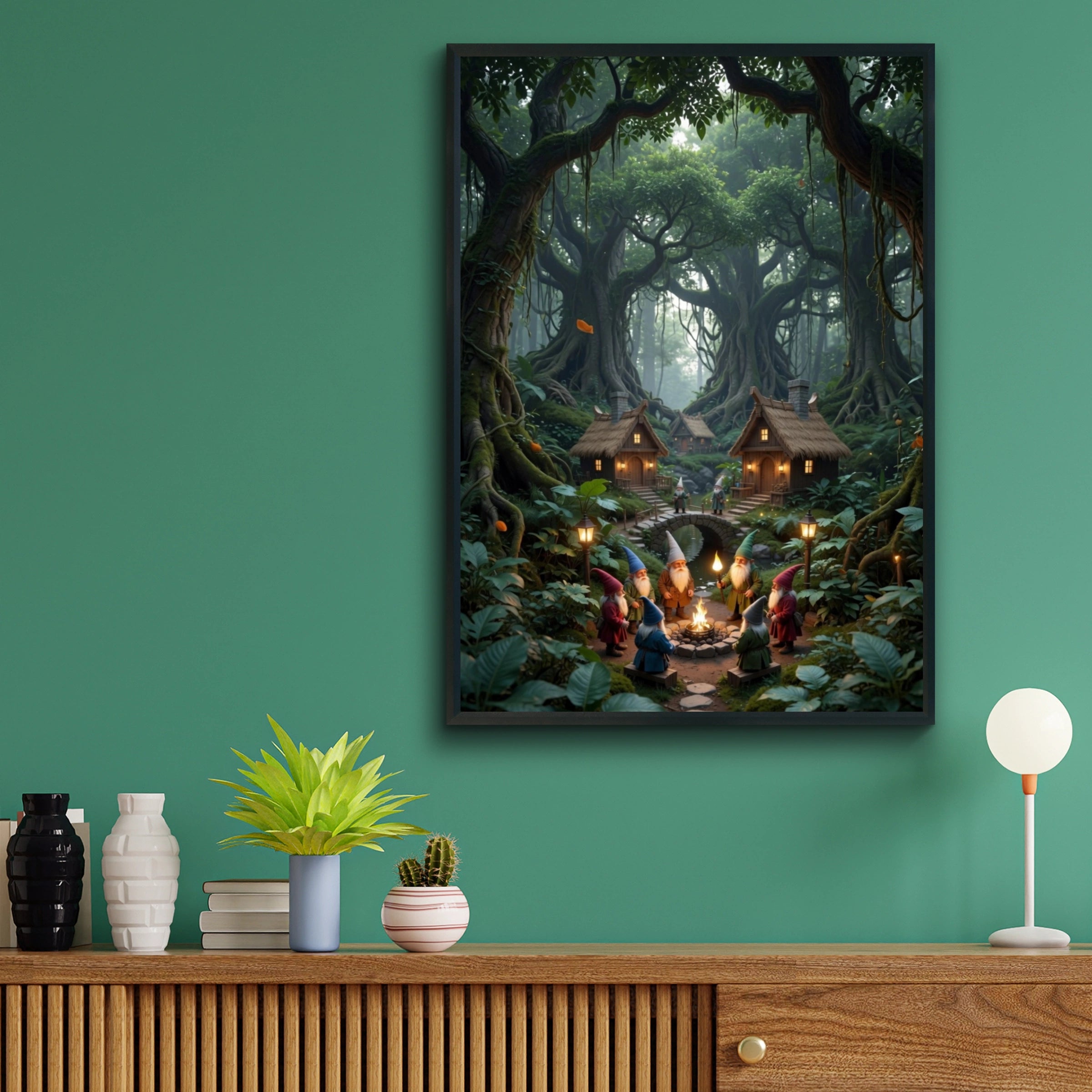 Gnome Village Forest Poster, Enchanted Woodland Wall Art, Fantasy Fairy Tale Print