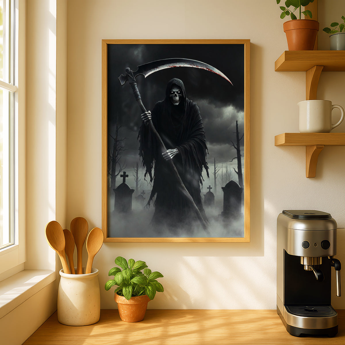 Grim Reaper Poster, Dark Gothic Wall Art, Skull Scythe Graveyard Print, Halloween Horror Decor