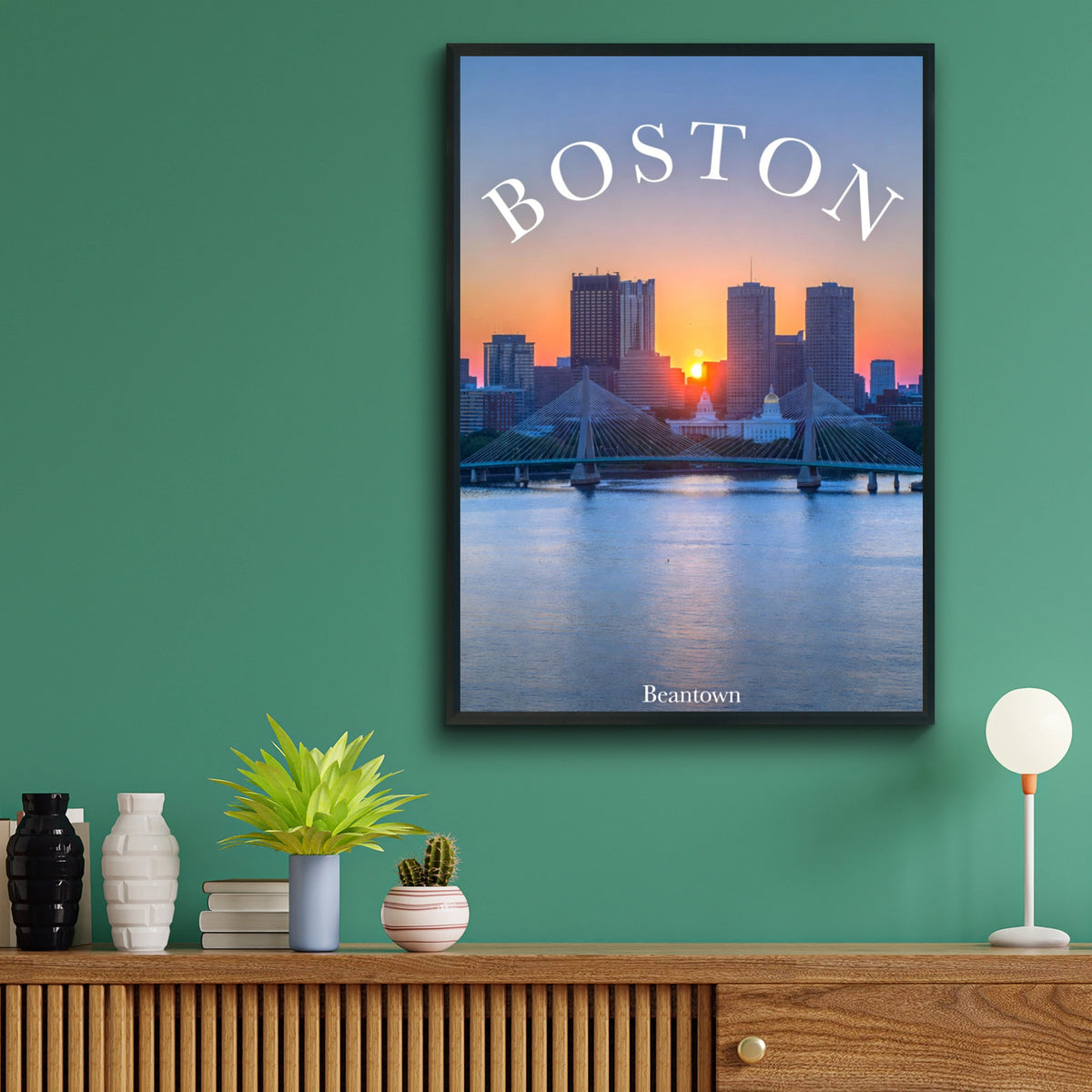 Boston Skyline Sunset Poster, Beantown Wall Art, Massachusetts City Print, Bridge