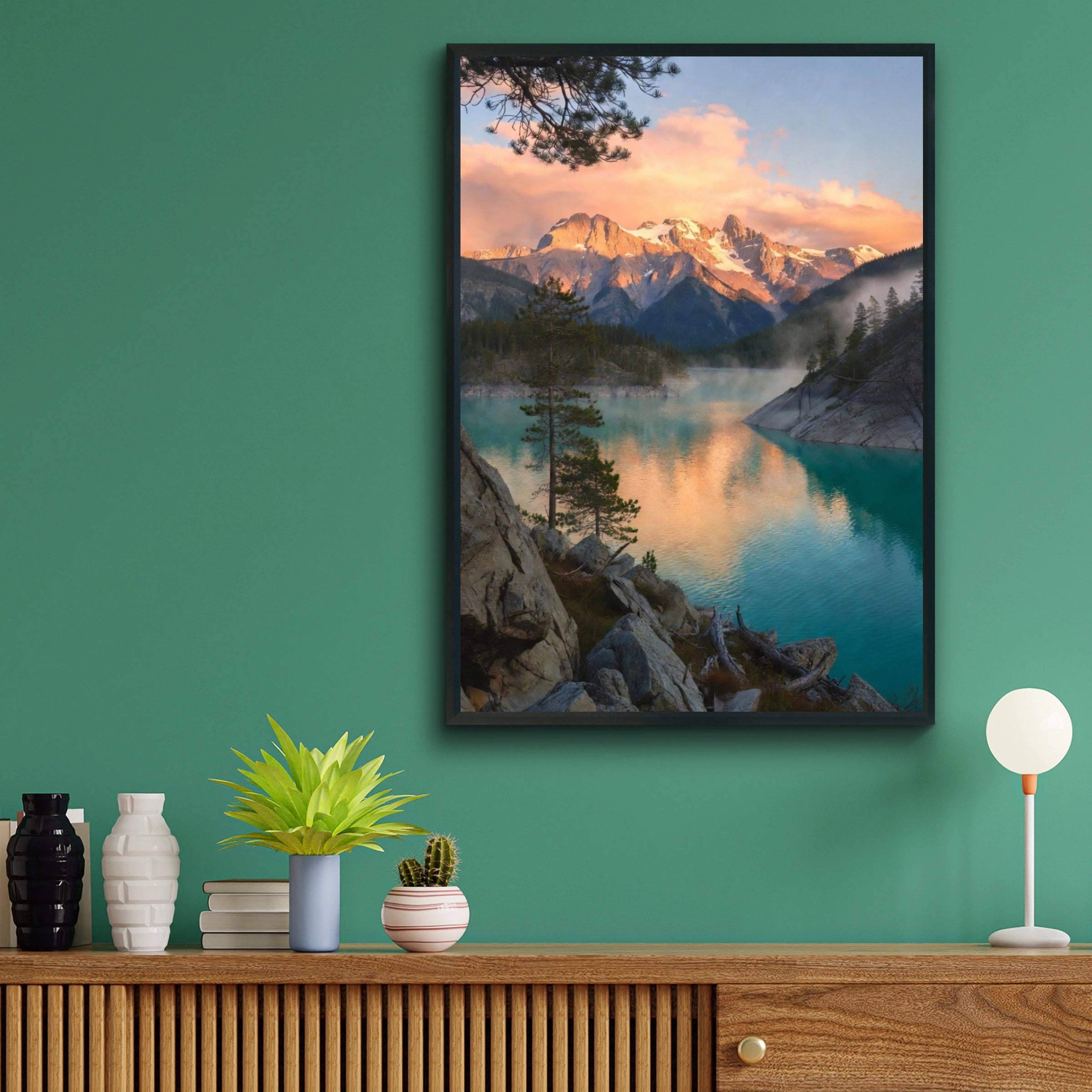 Mountain Lake Sunset Poster, Turquoise Water Nature Wall Art, Snowy Peaks Pine Tree Print