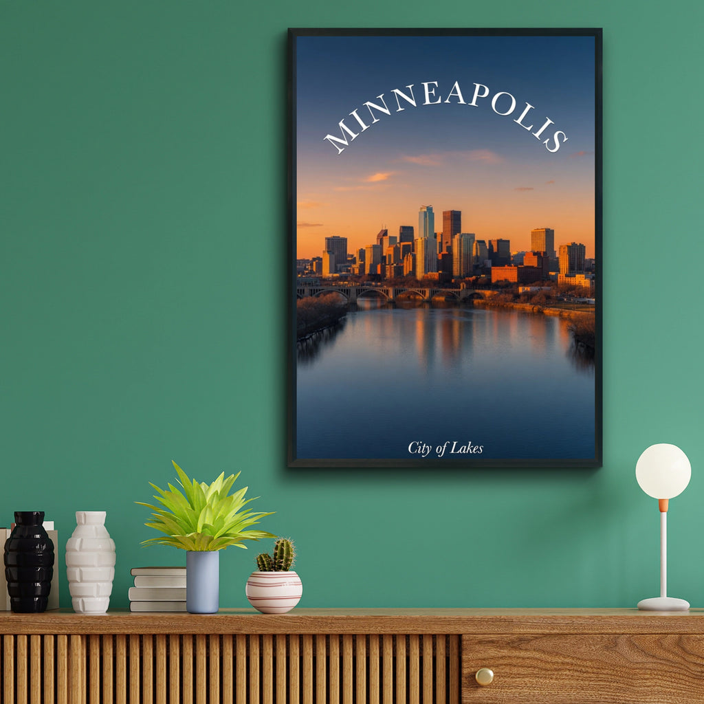 Minneapolis Skyline Poster, City of Lakes Wall Art, Minnesota Travel Print, Sunset Cityscape