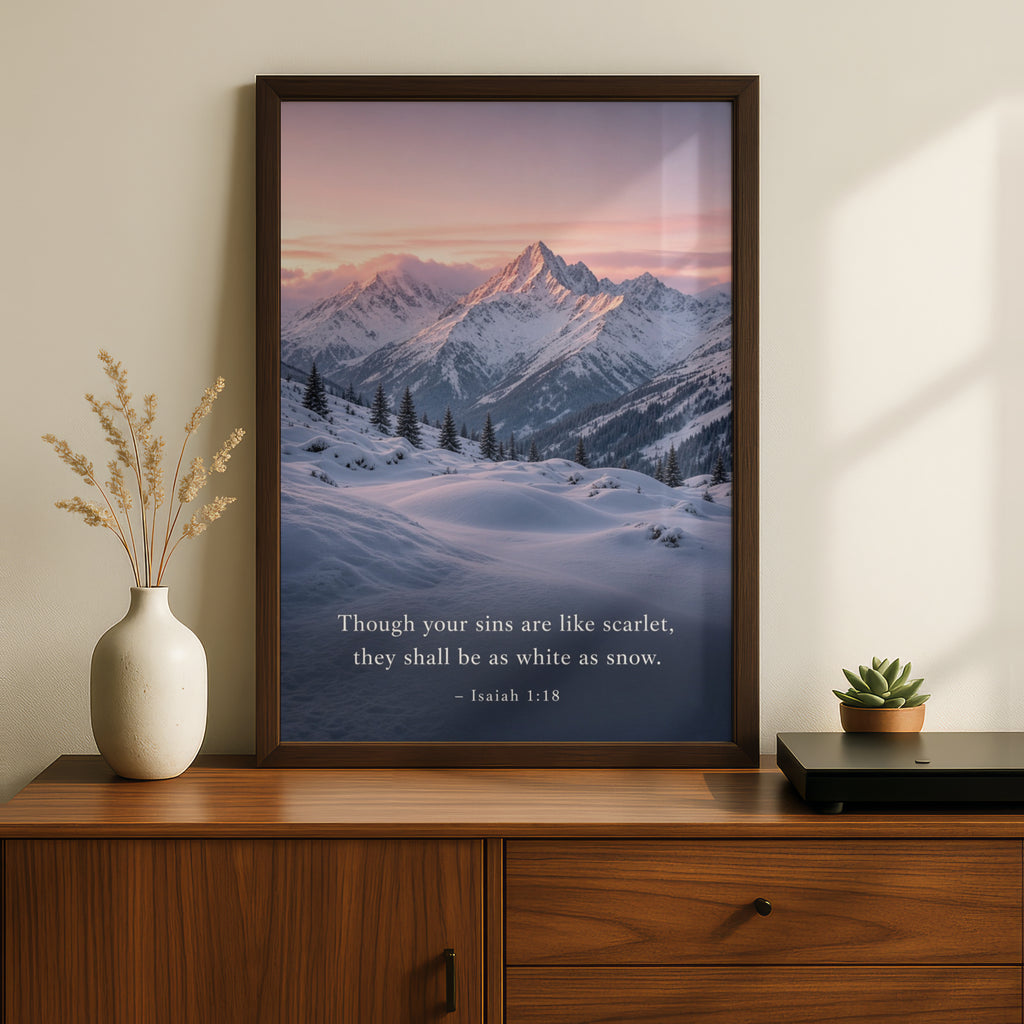 Isaiah 1:18 Bible Verse Poster, Snowy Mountain Scripture Wall Art, Christian Gift