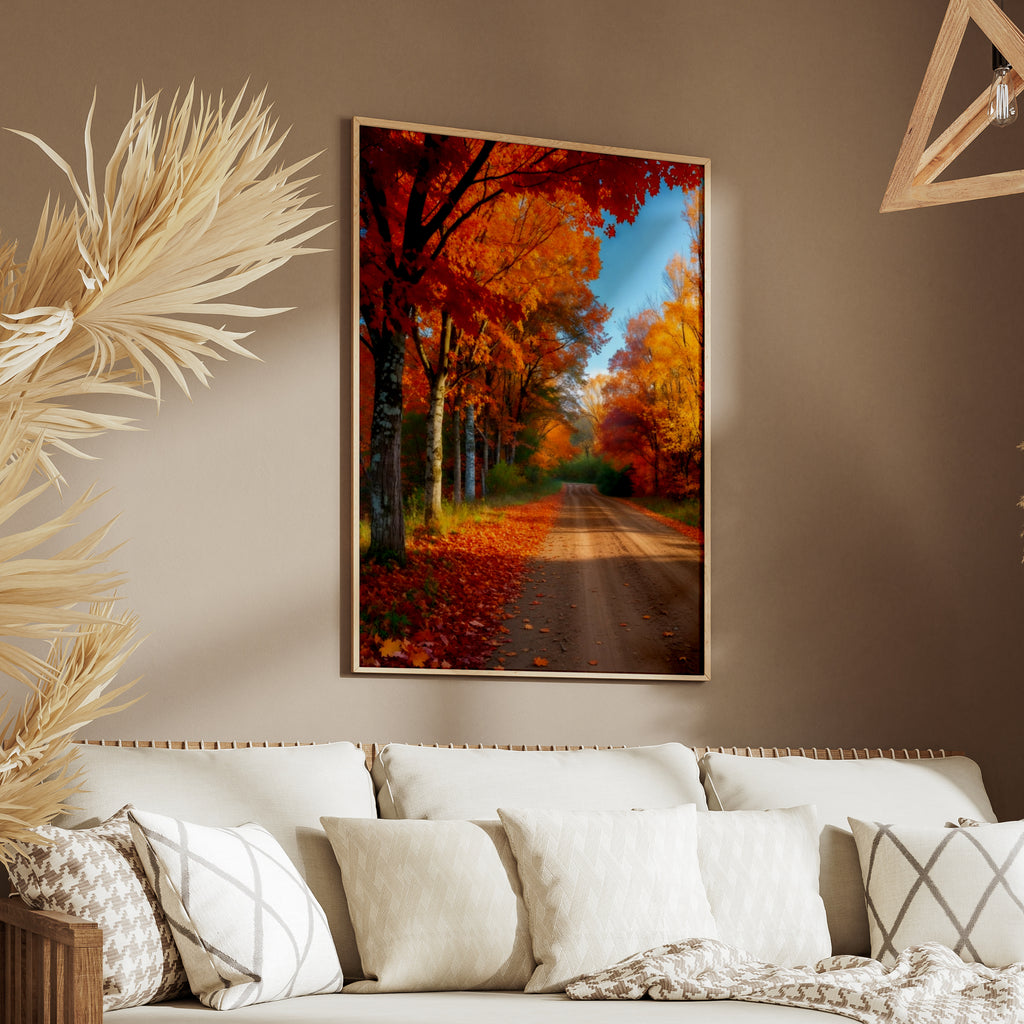 Fall Foliage Road Poster, Autumn Country Lane Wall Art, Orange Red Leaf Nature Print