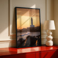 Lighthouse Sunset Poster, Coastal Ocean Wall Art, Rocky Shore Print, Golden Sky Decor