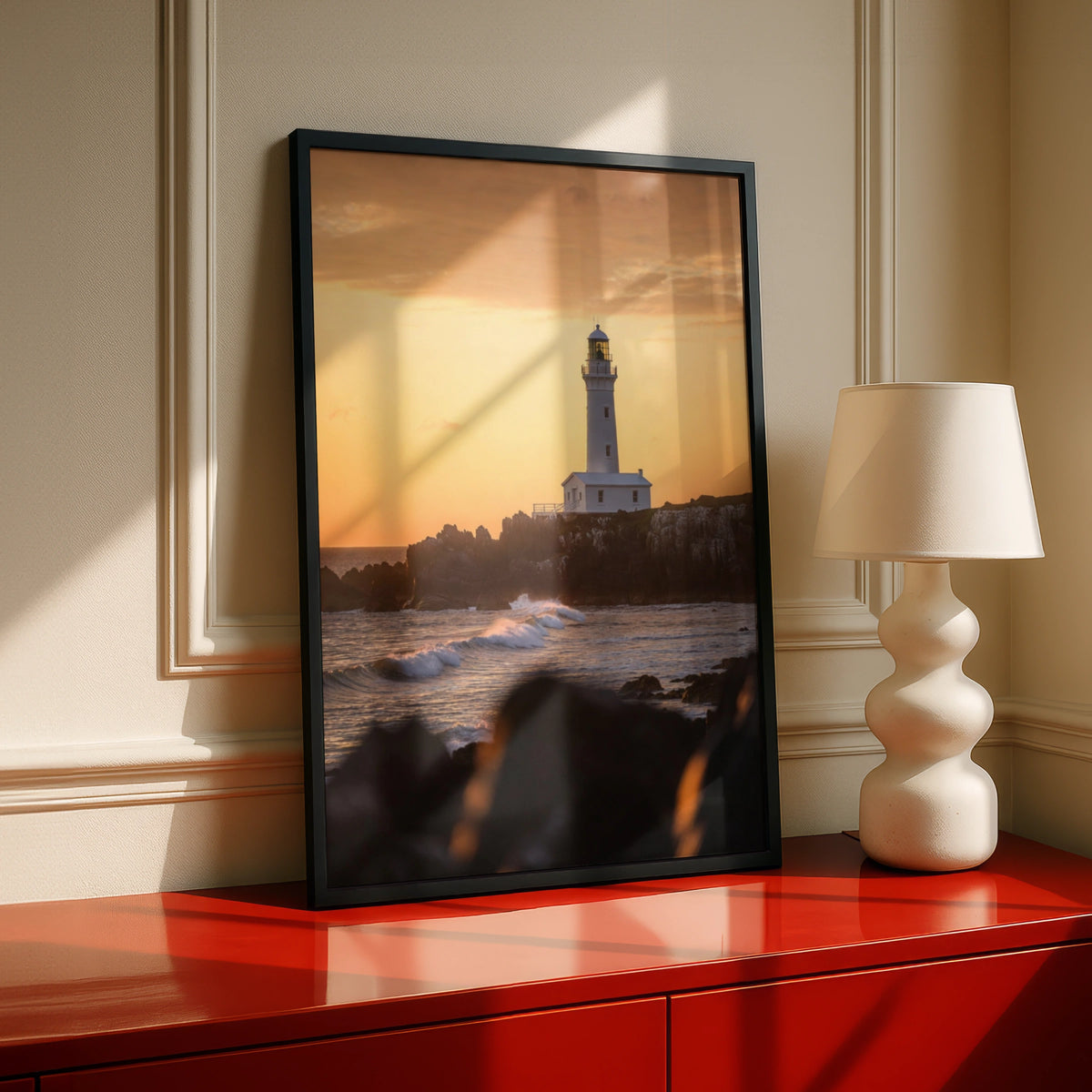 Lighthouse Sunset Poster, Coastal Ocean Wall Art, Rocky Shore Print, Golden Sky Decor
