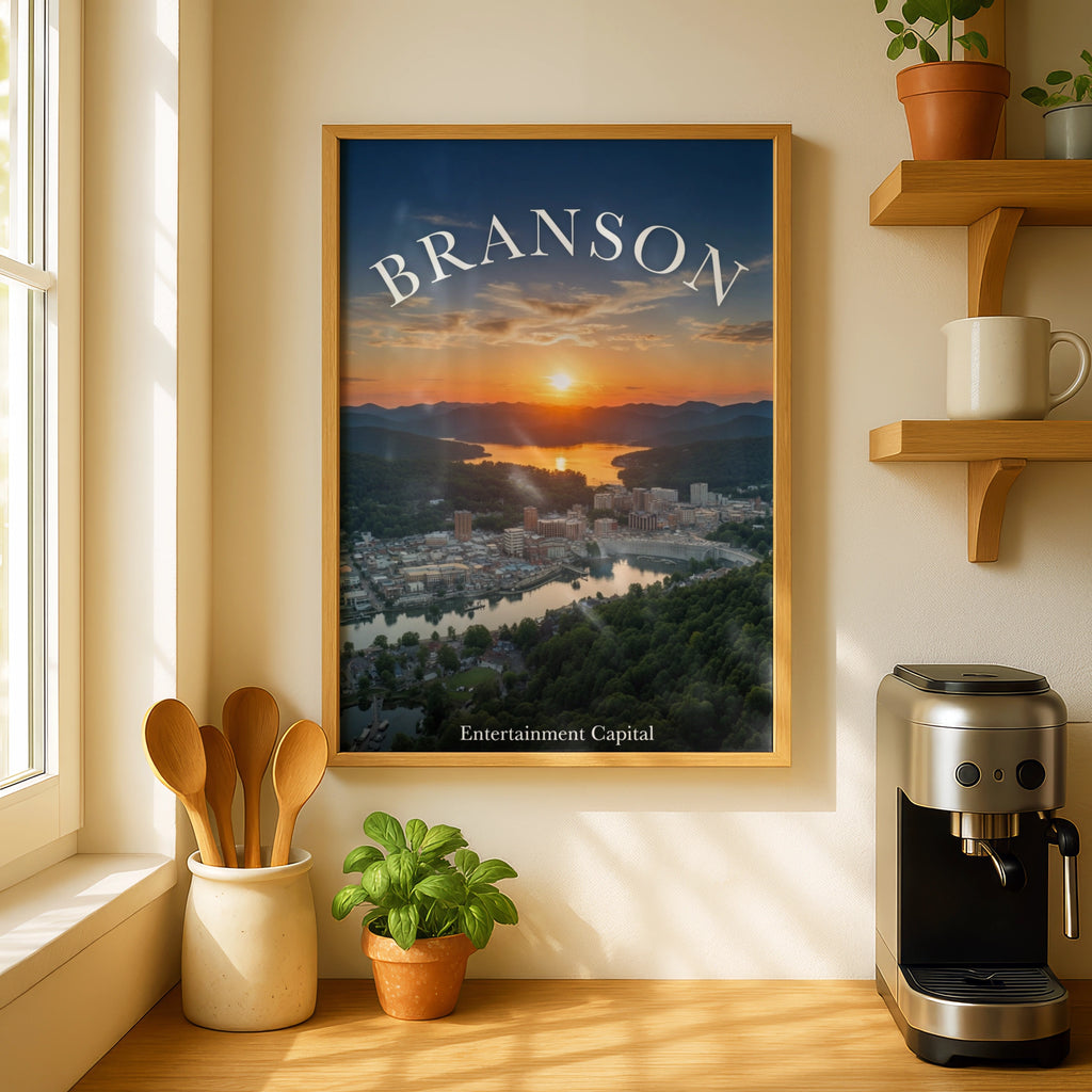 Branson Missouri Poster, Entertainment Capital Sunset Aerial View, Ozarks Wall Art Print
