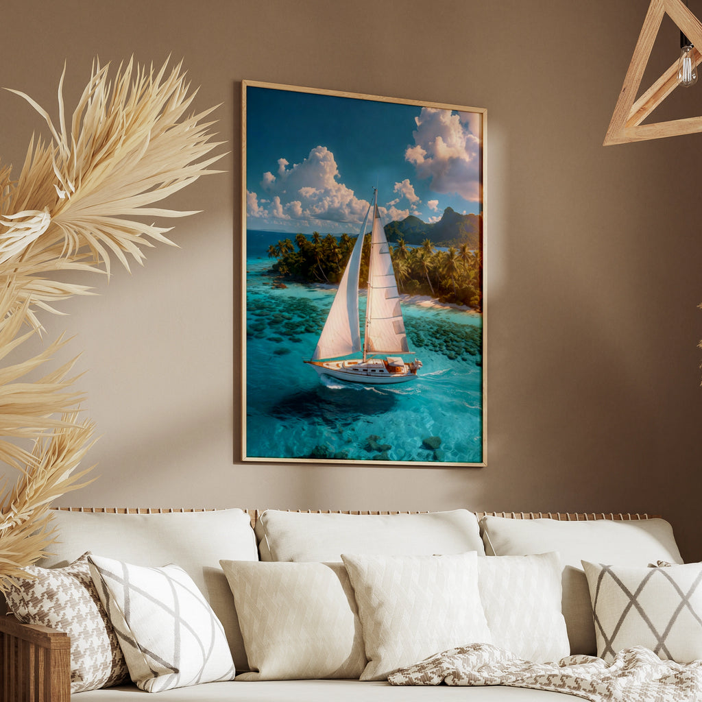 Tropical Sailboat Poster, Beach Ocean Wall Art, Turquoise Sea Print, Coastal Decor
