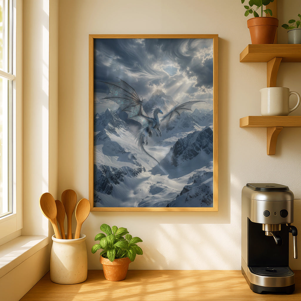 Ice Dragon Flying Over Snowy Mountains Poster, Fantasy Wall Art, Blue Dragon Print