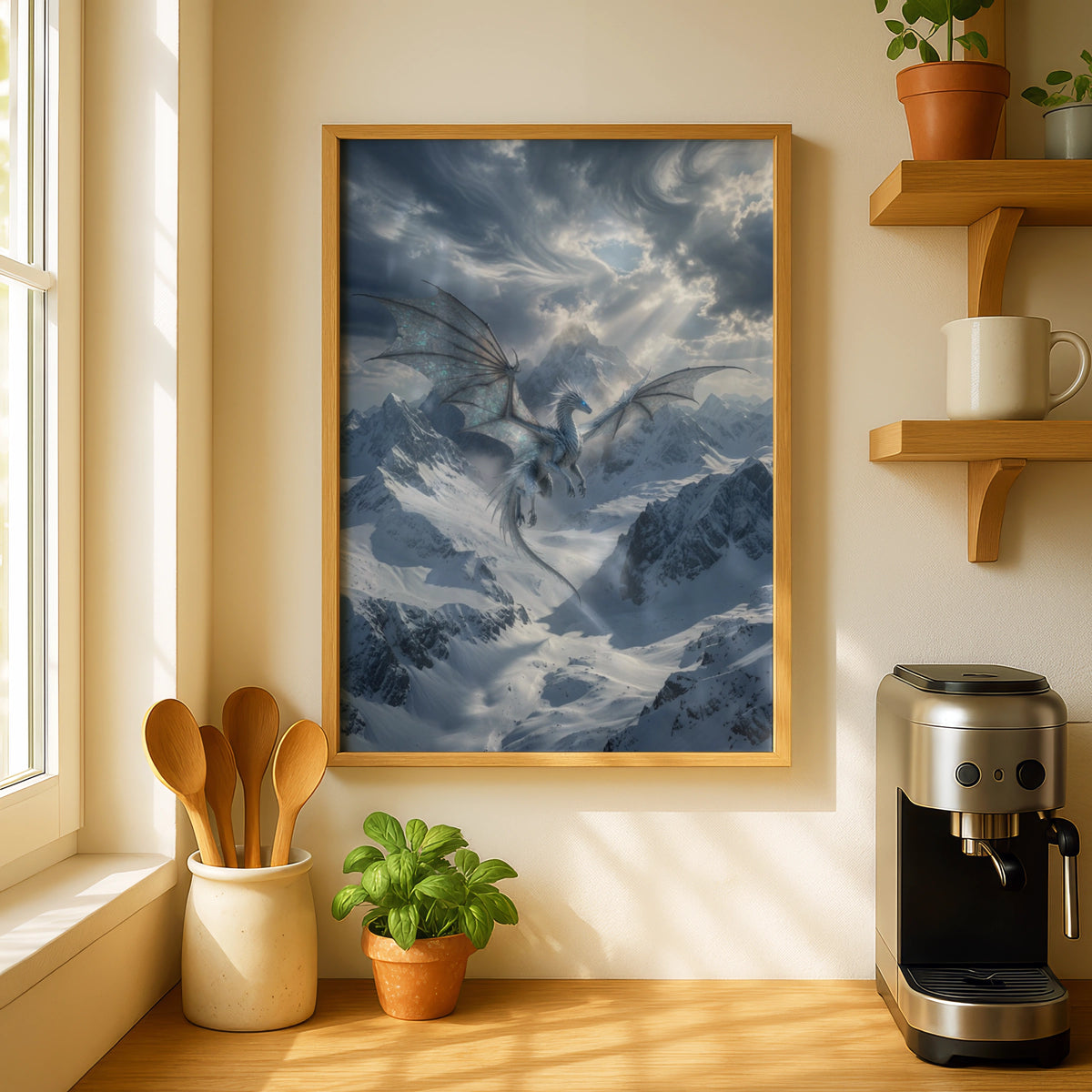 Ice Dragon Flying Over Snowy Mountains Poster, Fantasy Wall Art, Blue Dragon Print