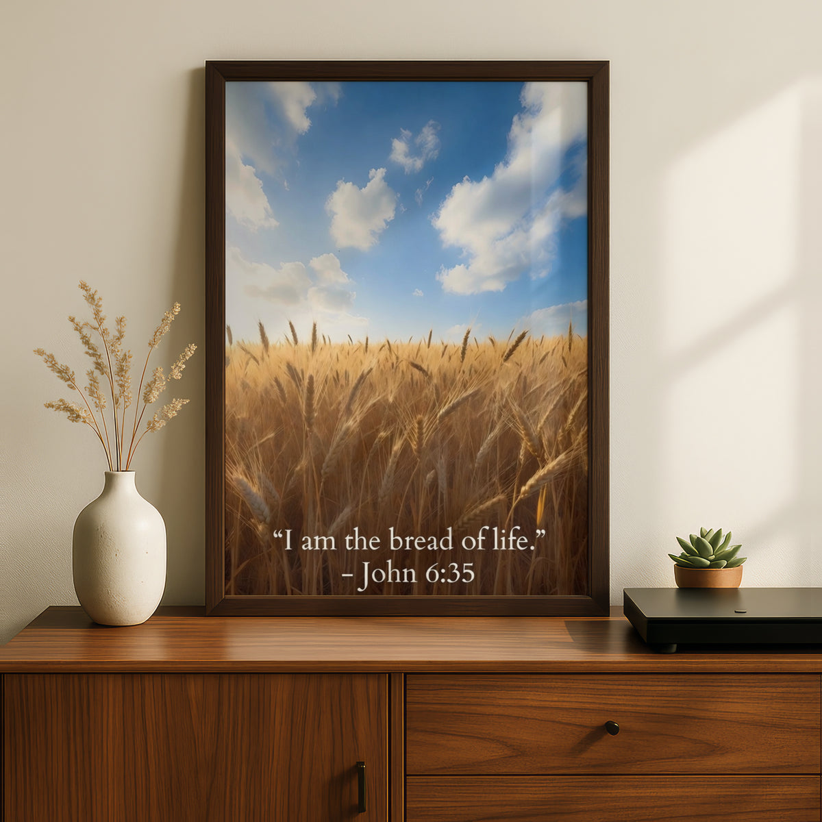 John 6:35 Bible Verse Poster, Bread of Life Scripture Wall Art, Wheat Field Christian Print