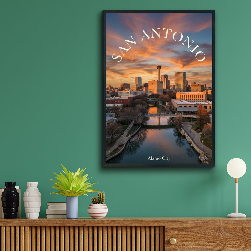 San Antonio Skyline Poster, Alamo City Texas Wall Art, River Walk Sunset Print, TX Gift