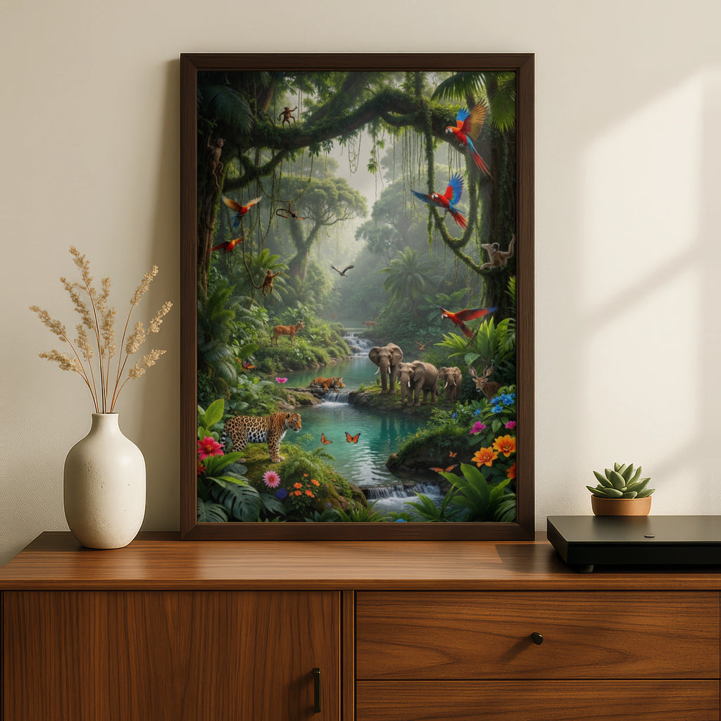 Jungle Wildlife Poster, Tropical Rainforest Animals Wall Art, Elephant Tiger Parrot Print