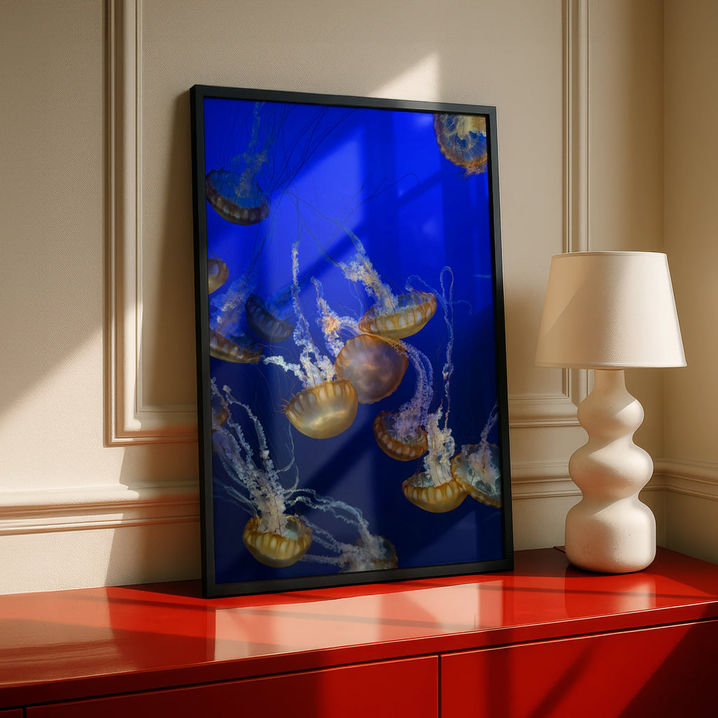 Jellyfish Wall Art, Ocean Photography Poster, Blue Underwater Sea Life Print