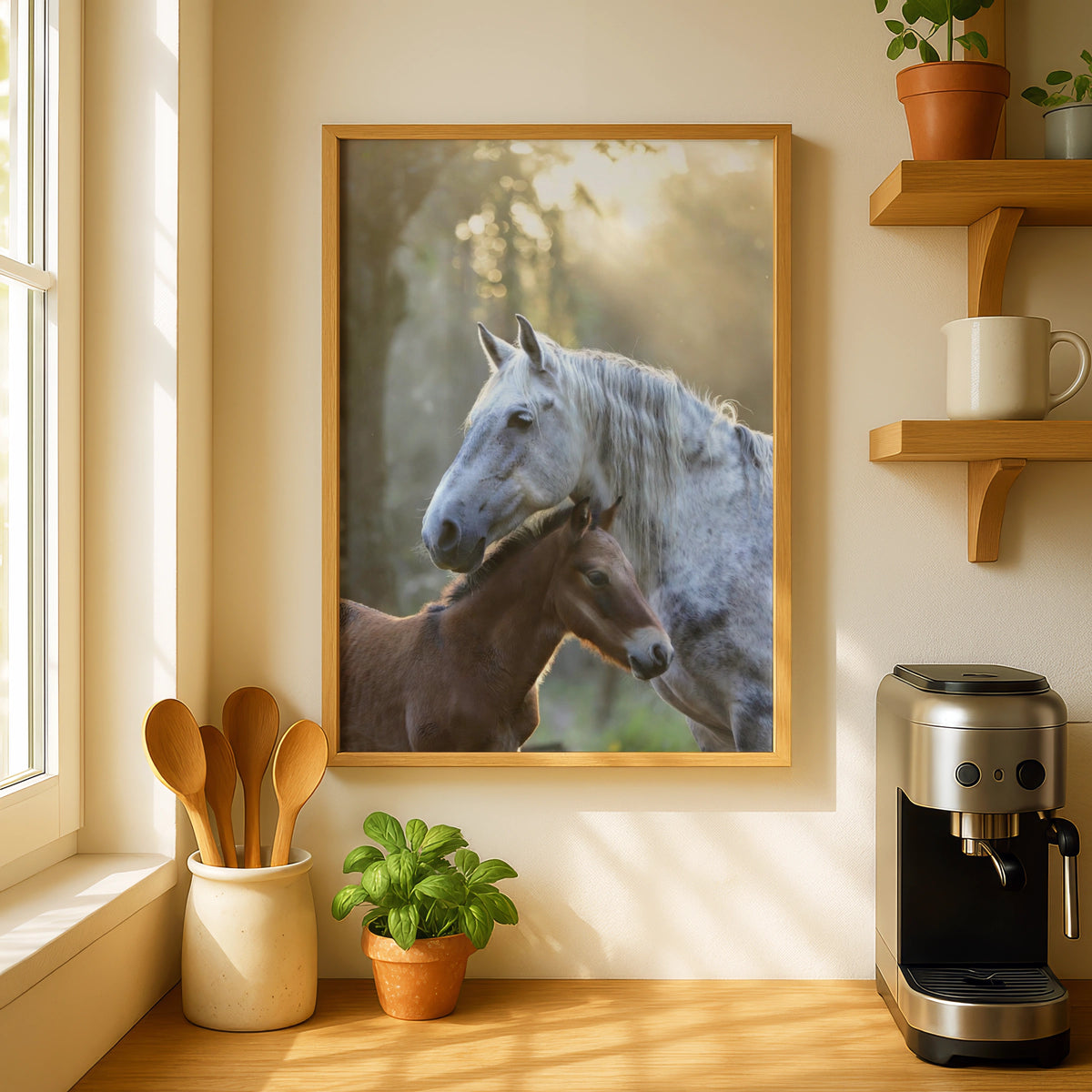 Mare and Foal Horse Poster, Dapple Gray Horse Wall Art, Mother Baby Horse Print