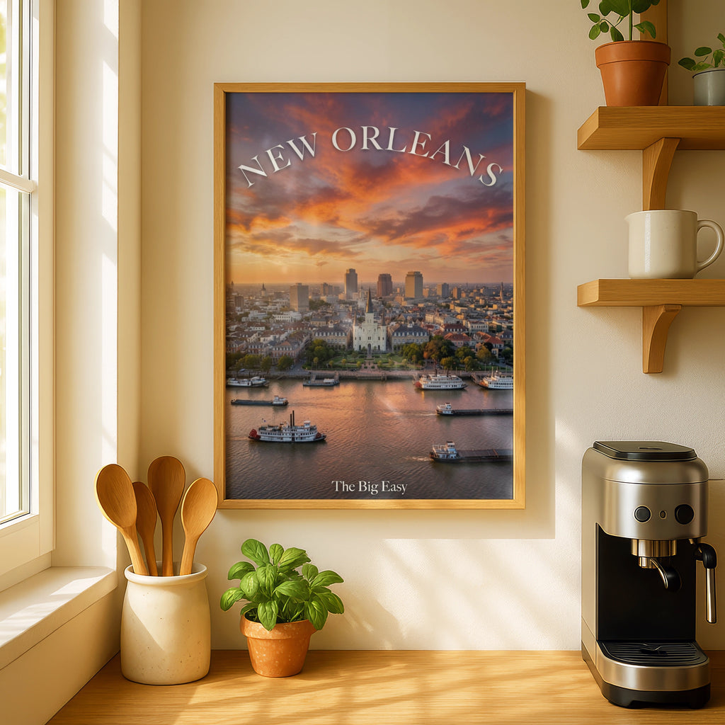 New Orleans Poster, The Big Easy Skyline Wall Art, Mississippi River Sunset Print