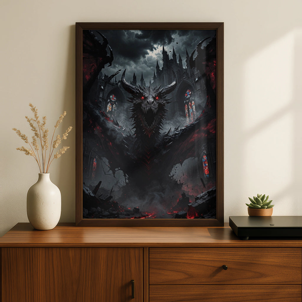 Dark Dragon Gothic Cathedral Poster, Red Eyes Fantasy Beast, Dark Fantasy Wall Art Print