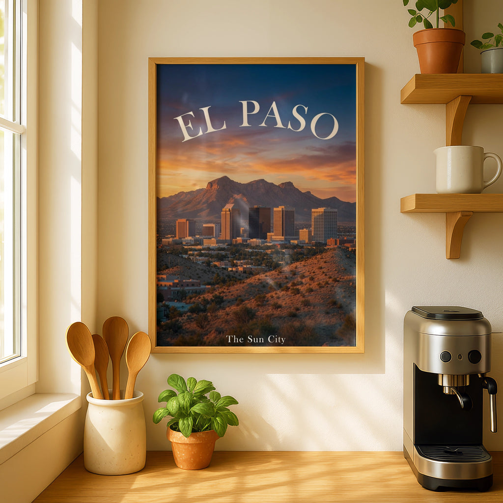 El Paso Texas Poster, Sun City Skyline Wall Art, Desert Sunset Mountain Print