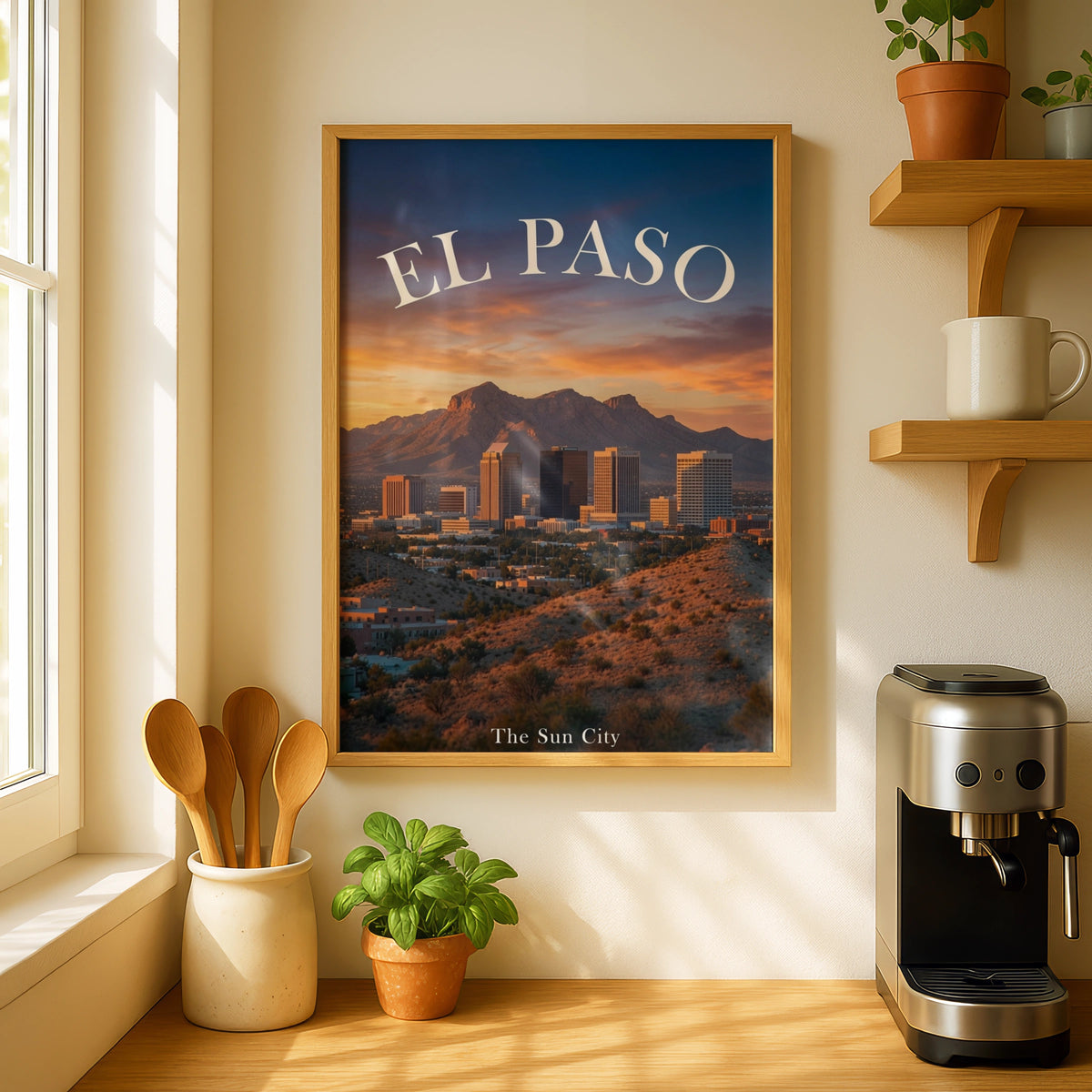 El Paso Texas Poster, Sun City Skyline Wall Art, Desert Sunset Mountain Print