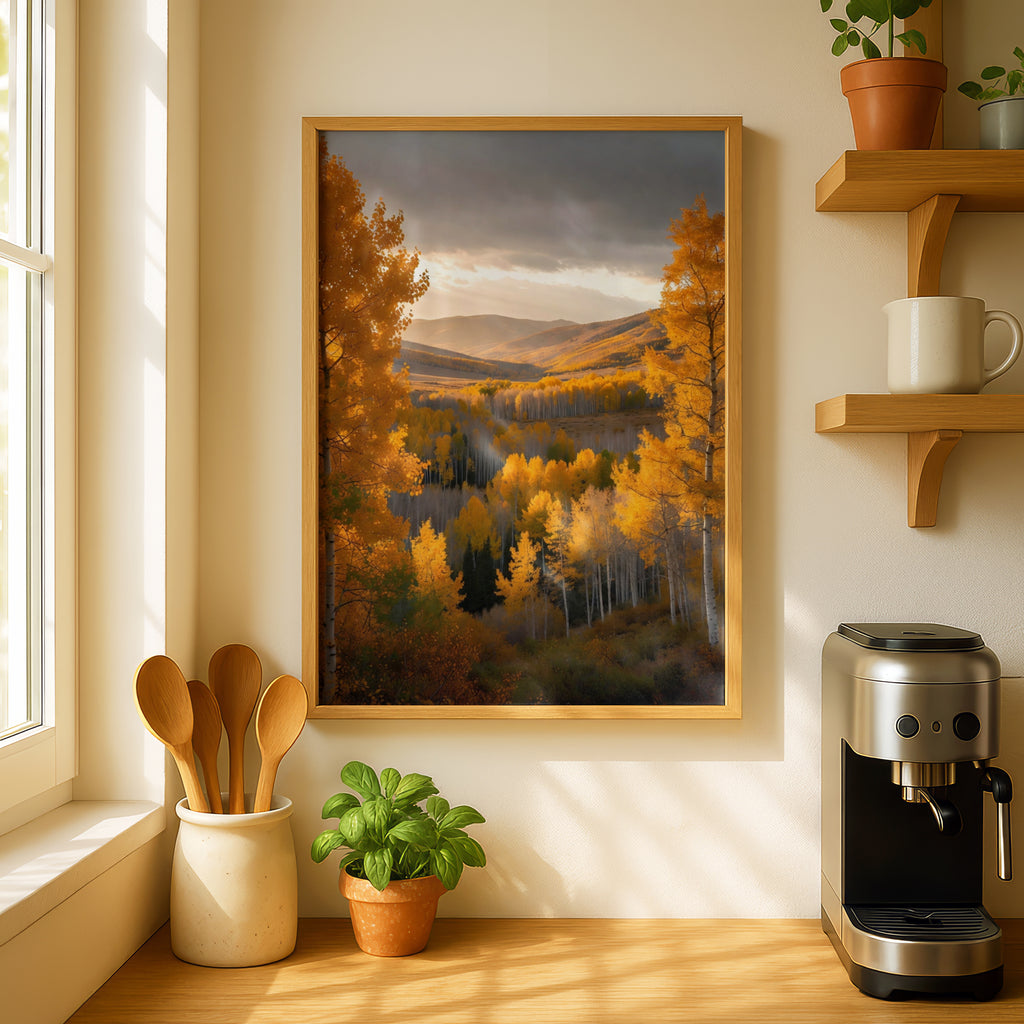 Fall Mountain Landscape Poster, Autumn Aspen Trees Wall Art, Golden Forest Print, Nature Decor