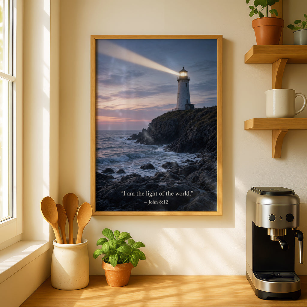 John 8:12 Lighthouse Scripture Poster, Christian Wall Art, Bible Verse Print, Faith
