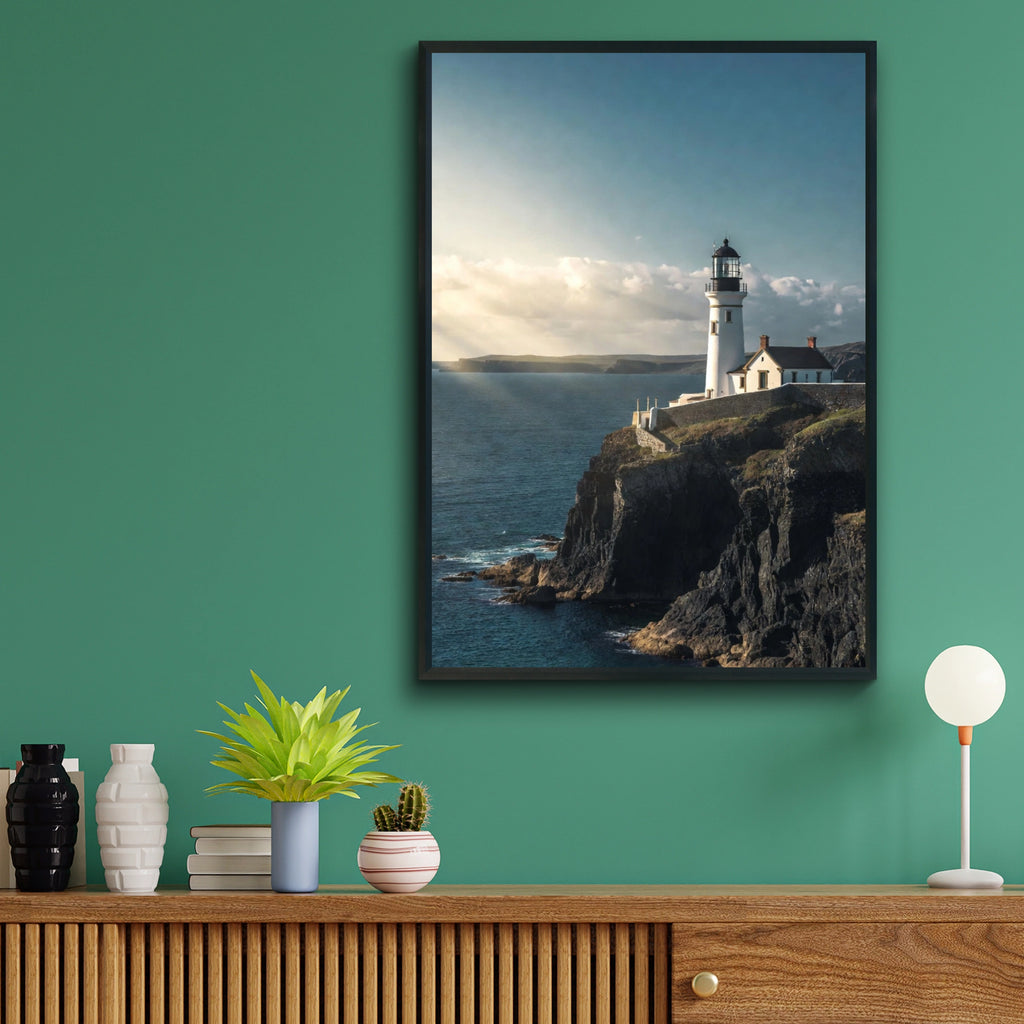 Lighthouse Cliff Ocean Poster, Coastal Wall Art, Nautical Sea Print, Blue Scenic Photo
